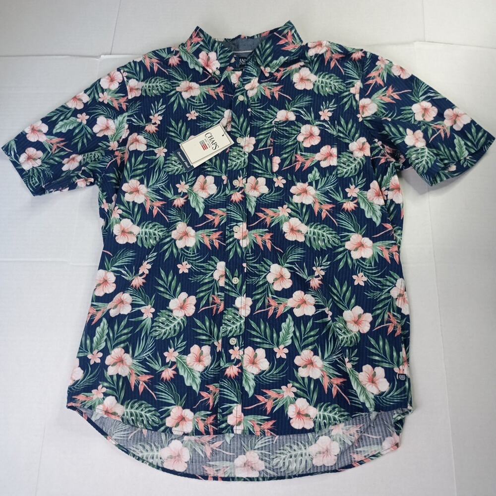 Chaps Floral Seersucker Woven Shirt Men's Size L Navy